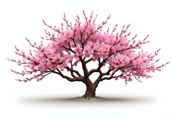 Obraz premium A pink cherry blossom tree and branches with delicate pink flowers blooming against a warm neutral white background