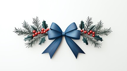 Elegant decoration featuring blue bow, holly leaves, and red berries, perfect for holiday celebrations and festive designs.