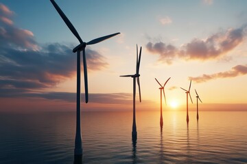 A stunning sunset view featuring multiple wind turbines silhouetted against the colorful sky over a tranquil ocean.