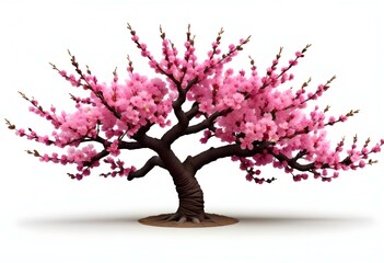 Obraz premium A pink cherry blossom tree and branches with delicate pink flowers blooming against a warm neutral white background