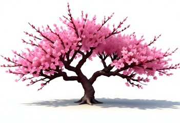 Obraz premium A pink cherry blossom tree and branches with delicate pink flowers blooming against a warm neutral white background