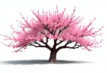 Obraz premium A pink cherry blossom tree and branches with delicate pink flowers blooming against a warm neutral white background