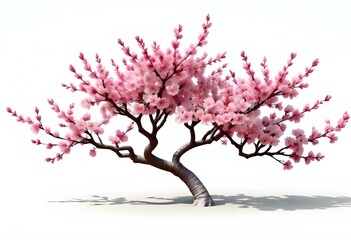 Fototapeta premium A pink cherry blossom tree and branches with delicate pink flowers blooming against a warm neutral white background
