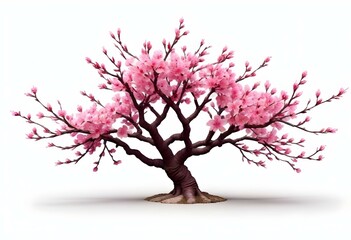 Obraz premium A pink cherry blossom tree and branches with delicate pink flowers blooming against a warm neutral white background