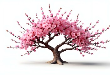 Fototapeta premium A pink cherry blossom tree and branches with delicate pink flowers blooming against a warm neutral white background