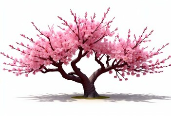 Obraz premium A pink cherry blossom tree and branches with delicate pink flowers blooming against a warm neutral white background