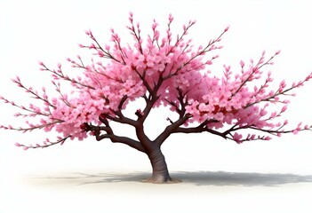 A pink cherry blossom tree and branches with delicate pink flowers blooming against a warm neutral  white background