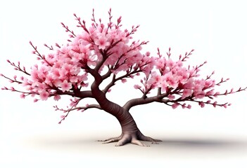 Obraz premium A pink cherry blossom tree and branches with delicate pink flowers blooming against a warm neutral white background