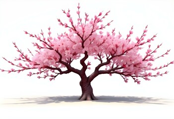 Naklejka premium A pink cherry blossom tree and branches with delicate pink flowers blooming against a warm neutral white background