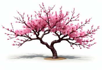 A pink cherry blossom tree and branches with delicate pink flowers blooming against a warm neutral  white background