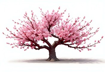 Obraz premium A pink cherry blossom tree and branches with delicate pink flowers blooming against a warm neutral white background