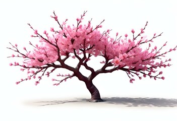 Obraz premium A pink cherry blossom tree and branches with delicate pink flowers blooming against a warm neutral white background