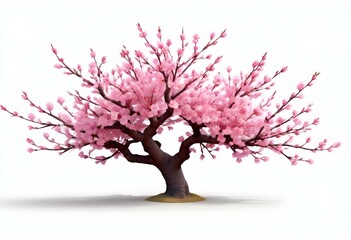 A pink cherry blossom tree and branches with delicate pink flowers blooming against a warm neutral  white background