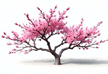 Obraz premium A pink cherry blossom tree and branches with delicate pink flowers blooming against a warm neutral white background
