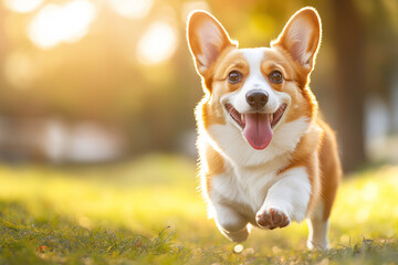 A happy dog is running through a grassy field