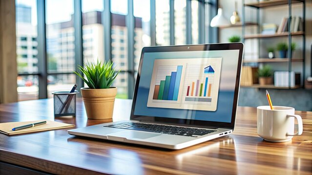 A modern laptop computer screen displays a brochure download progress bar, surrounded by office supplies and papers, on a tidy desk with a blurred background.