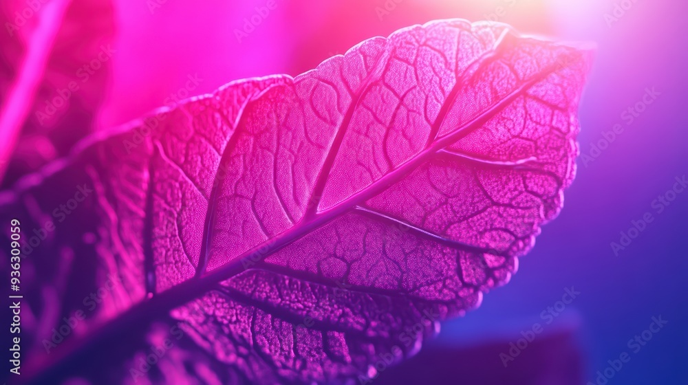 Poster a vibrant close-up of a leaf illuminated by colorful light, showcasing intricate textures and patter