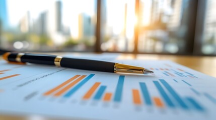 Fototapeta premium Detailed business report with analytical charts graphs and data visualizations arranged neatly on a clean office desk