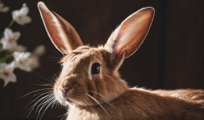 Fototapeta premium A brown rabbit with long ears is looking to the right side of the frame with its whiskers twitching