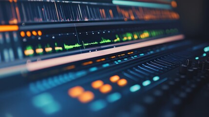 Fototapeta premium Close-up of a music editing software interface on a computer screen, showcasing audio tracks and mixing tools, against a light solid color background