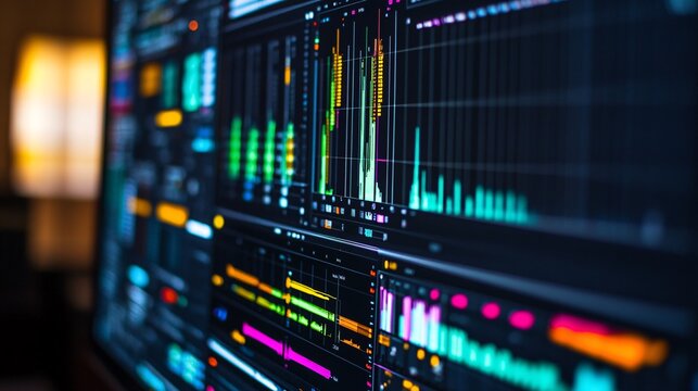 Close-up of a music editing software interface on a computer screen, showcasing audio tracks and mixing tools, against a light solid color background