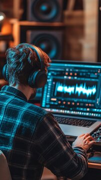 A music critic with headphones on, analyzing soundwaves on a laptop screen in a modern workspace
