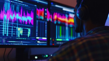 A music producer working intently on a digital audio workstation, colorful sound waves displayed on the screen