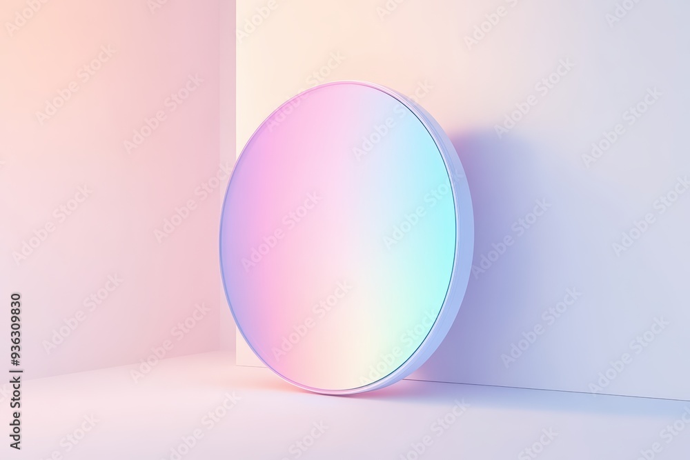 Poster a vibrant, iridescent circular object illuminated by soft pastel light, creating a serene and modern