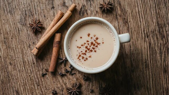 Warm Spiced Chai Latte with Cinnamon and Star Anise