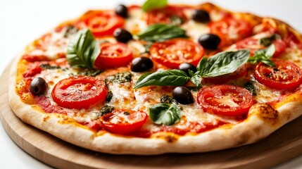 A vibrant vegan pizza topped with fresh tomatoes and olives, isolated on a crisp white background