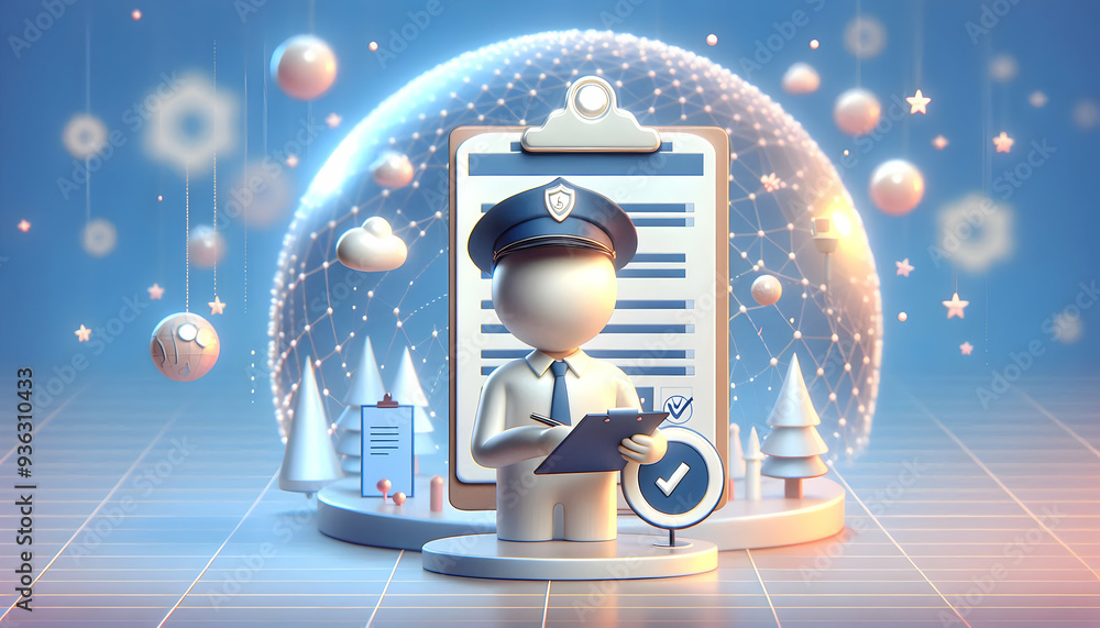Poster 3d flat icon as compliance officer with checklist and computer concept as a compliance officer revie