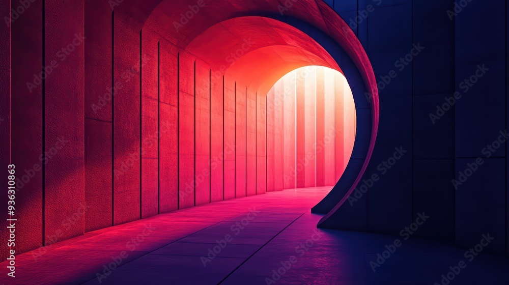 Poster a vibrant, abstract tunnel illuminated by colorful light, creating a stunning visual path of reds an