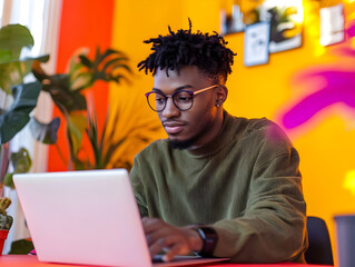 Man working from home on a laptop bright room 