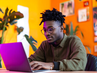 Man working from home on a laptop bright room
