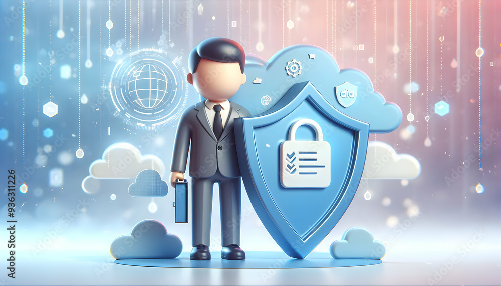 Poster 3d flat icon as data protection officer with data shield and certificate concept as an image of a da
