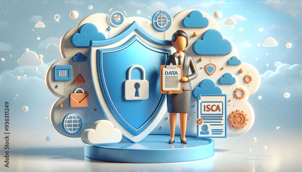 Poster 3d flat icon as data protection officer with data shield and certificate concept as an image of a da