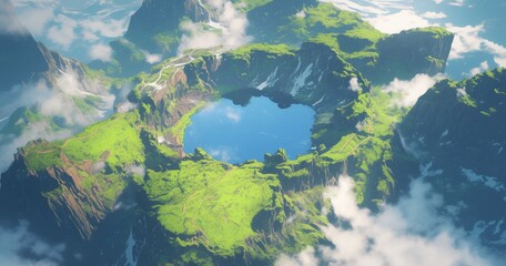 Aerial View of a Stunning Fantasy Green Mountain Top with Top-Down Perspective