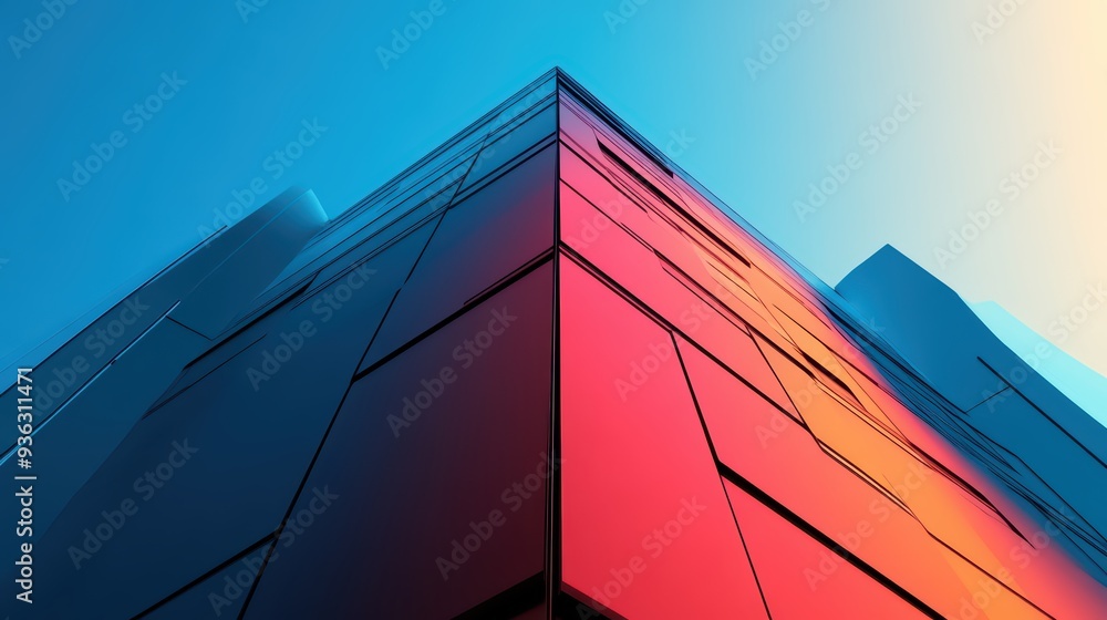 Poster an abstract view of a modern building with vibrant colors and sharp angles, reflecting light in a st