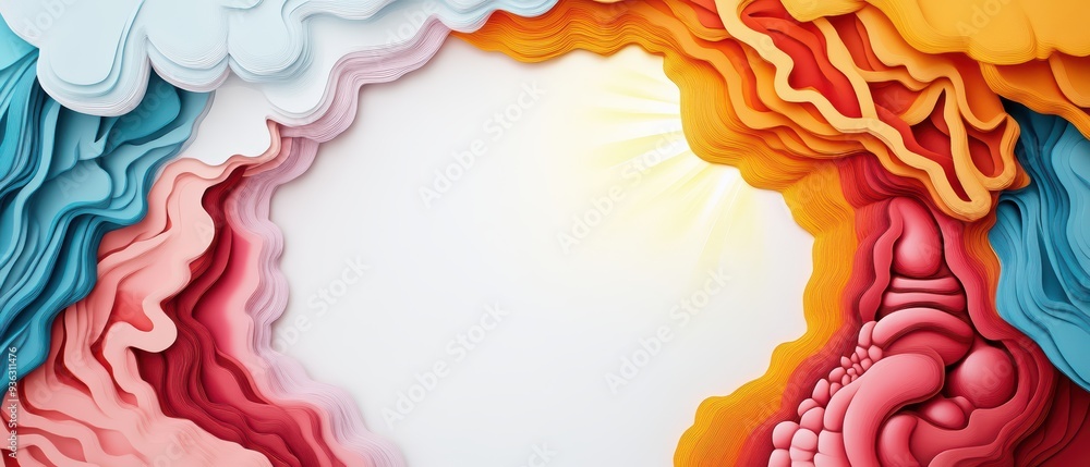 Poster an artistic abstract design featuring vibrant colors and layered shapes, creating a sense of depth a
