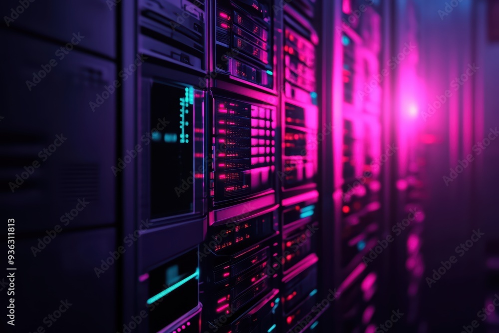 Poster close-up view of a server rack illuminated with vibrant neon lights, showcasing modern technology in