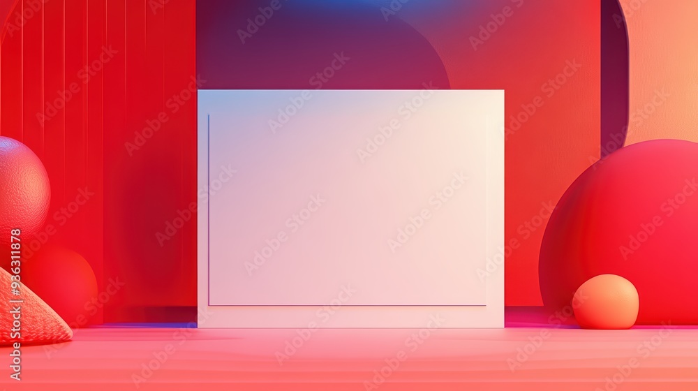Poster colorful abstract scene featuring geometric shapes and a blank frame for customizable content. ideal