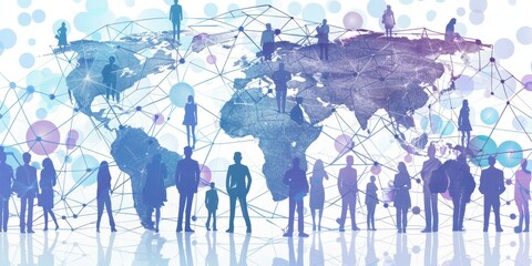 Simplified digital network of business figures around the globe, white background, illustration with light blue and purple color scheme Generative AI