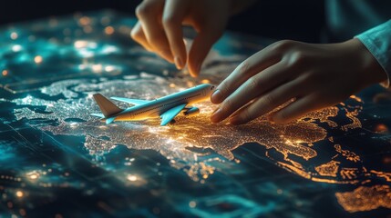 Obraz premium Close-up of Hands holding airplane on a world map, illustrating futuristic logistic technology and global connectivity.
