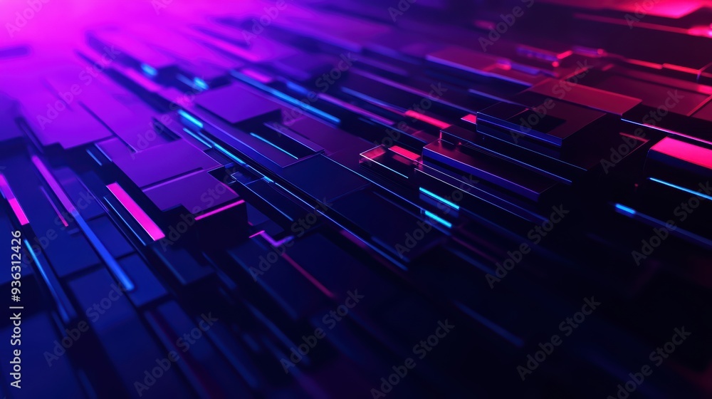 Poster dynamic abstract background featuring layers of glowing geometric shapes in vibrant purple and blue 