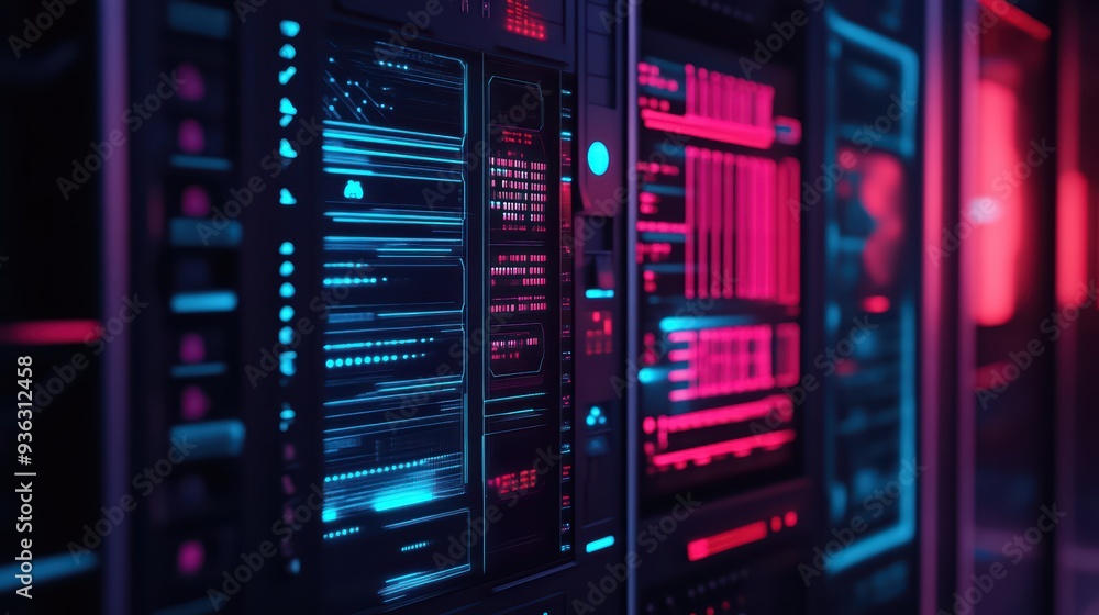 Poster dynamic server rack illuminated with colorful led lights, showcasing modern technology and data proc