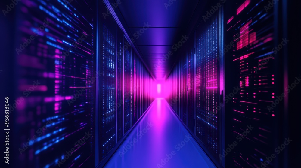 Poster futuristic data center corridor with vibrant neon lights and server racks, creating a high-tech and 
