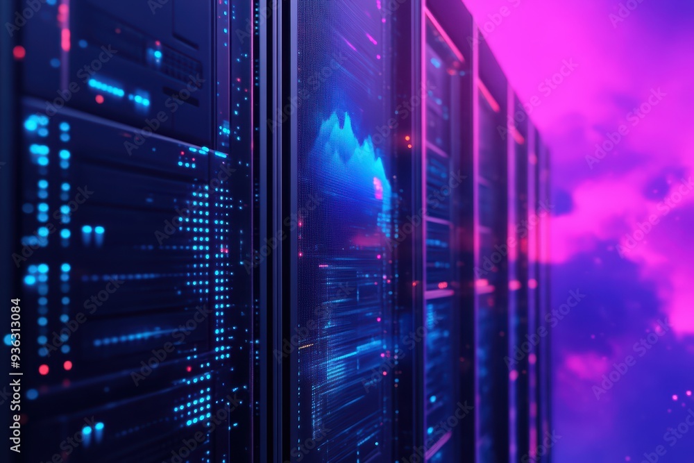 Poster futuristic data center with glowing servers and vibrant digital atmosphere. ideal for technology and