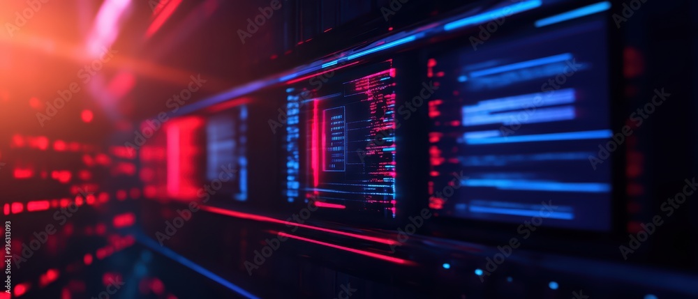 Poster futuristic data center with illuminated servers, showcasing vibrant lights and complex digital inter