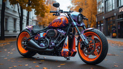 modern motorcycle decorated with Halloween attributes. pumpkins, jack-o-lanterns, bats. horizontal banner