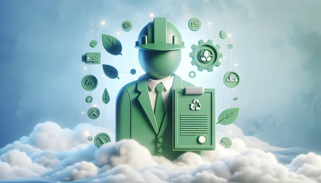 3d Flat icon as Green Project Manager with Project Plan and Certificate concept as An image of a green project manager with a project plan and ISO14001 certificate set against a dreamy background offe